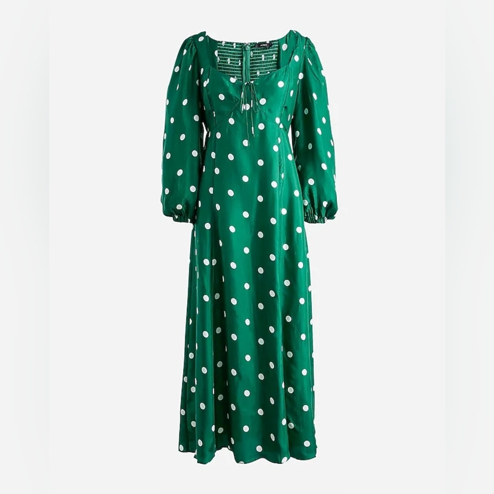 NWT J. Crew Sweetheart Long Sleeve Midi Dress Green White Polka Dot